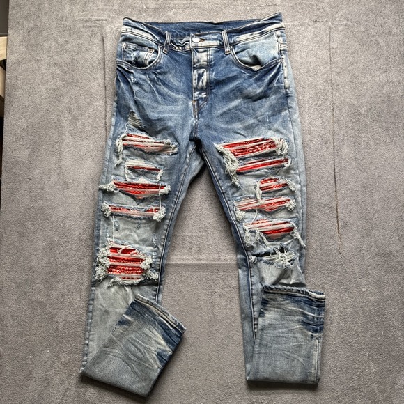 AMIRI Denim - Amiri Womens Thrasher Bandana Jeans Size 32 Ripped Raw Hem Punk Moto Fit Y2k